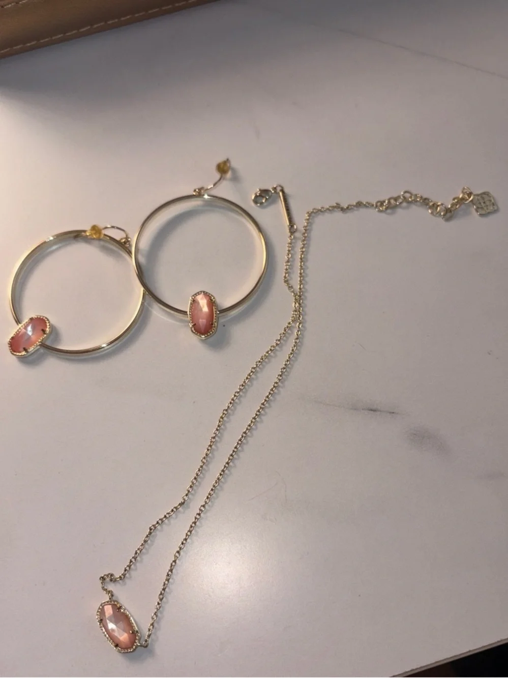 Kendra Scott Gold Hoop Earrings and Pendant Necklace with Pink Stones